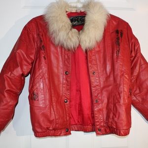 Vtg 80's 90's KC Collection genuine red leather jacket fox fur